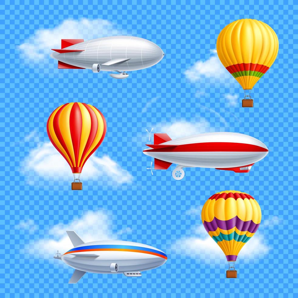 Dirigible Airship Air Balloons Realistic Set Transparent vector