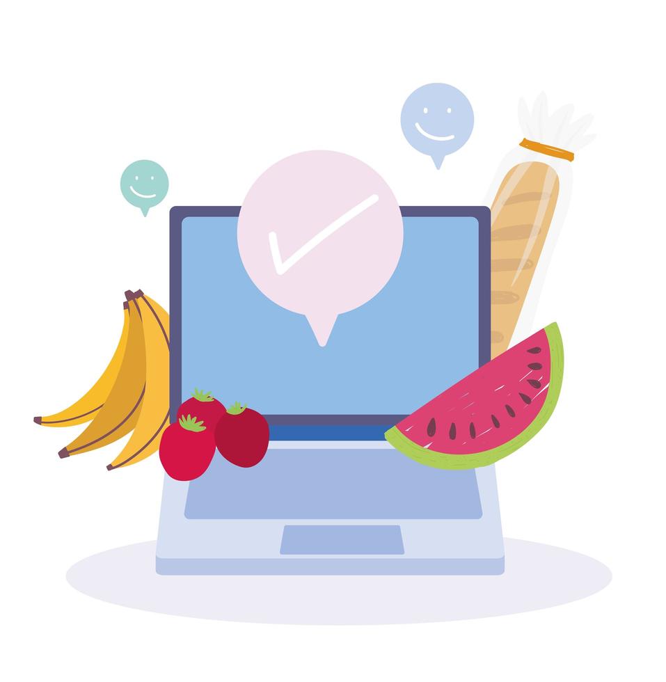 mercado online. computadora portátil, frutas y pedir comida vector