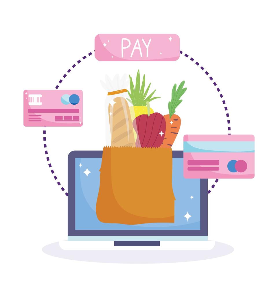 Online market. Mobile application and payment bank card vector