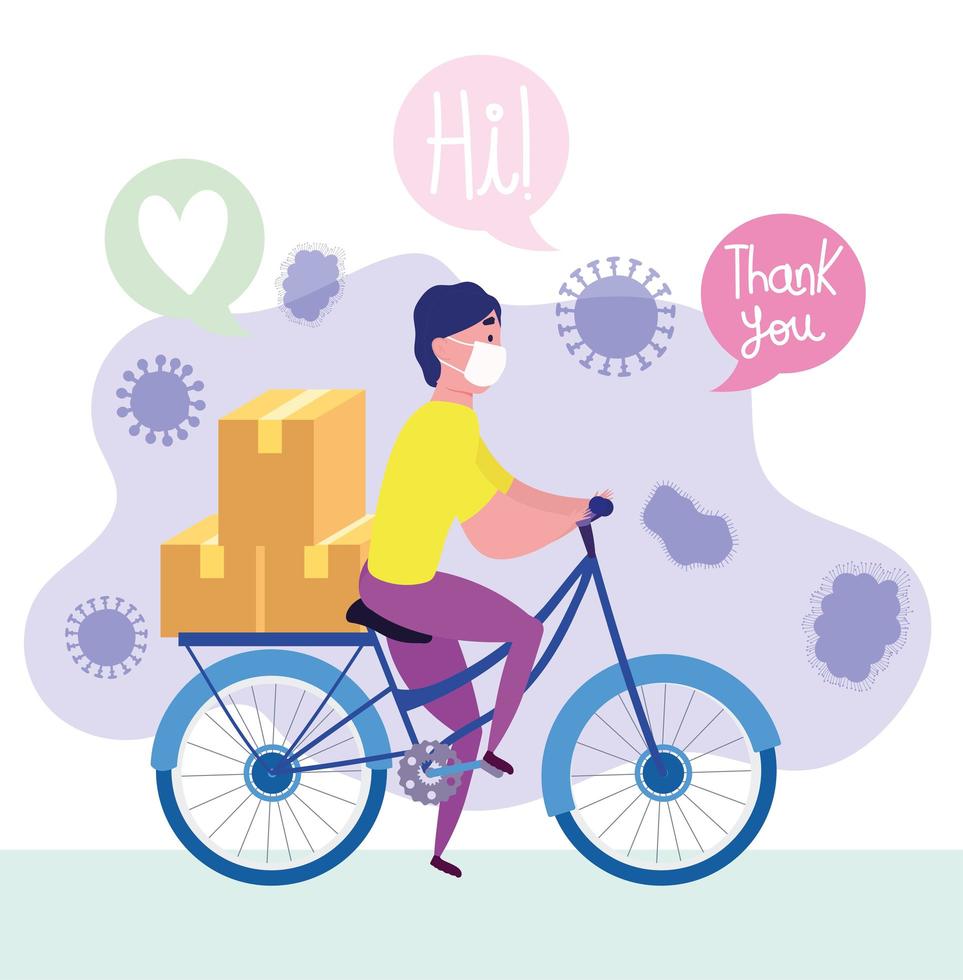 Courier man riding bike with mask and boxes vector