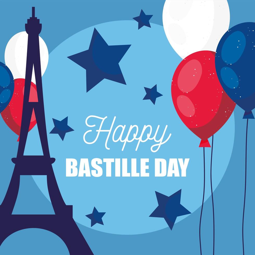 Torre Eiffel con globos de feliz día de la bastilla. vector