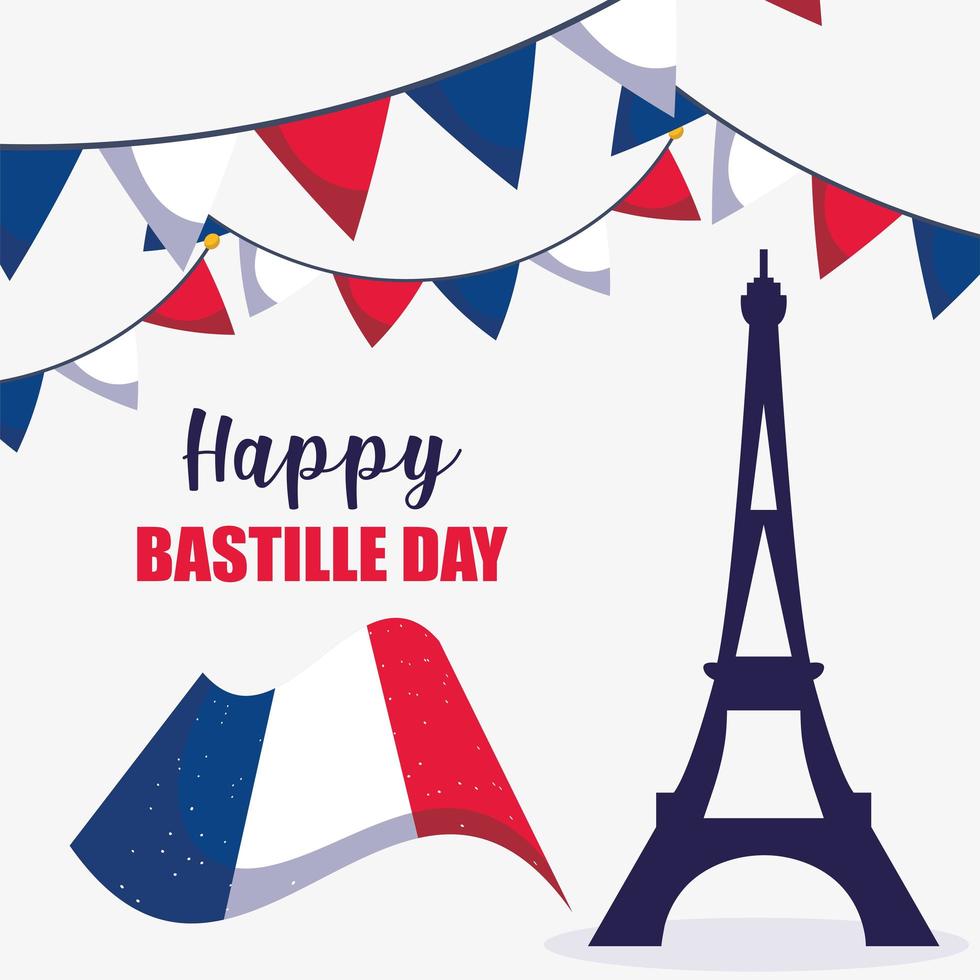 torre eiffel y bandera del feliz día de la bastilla vector