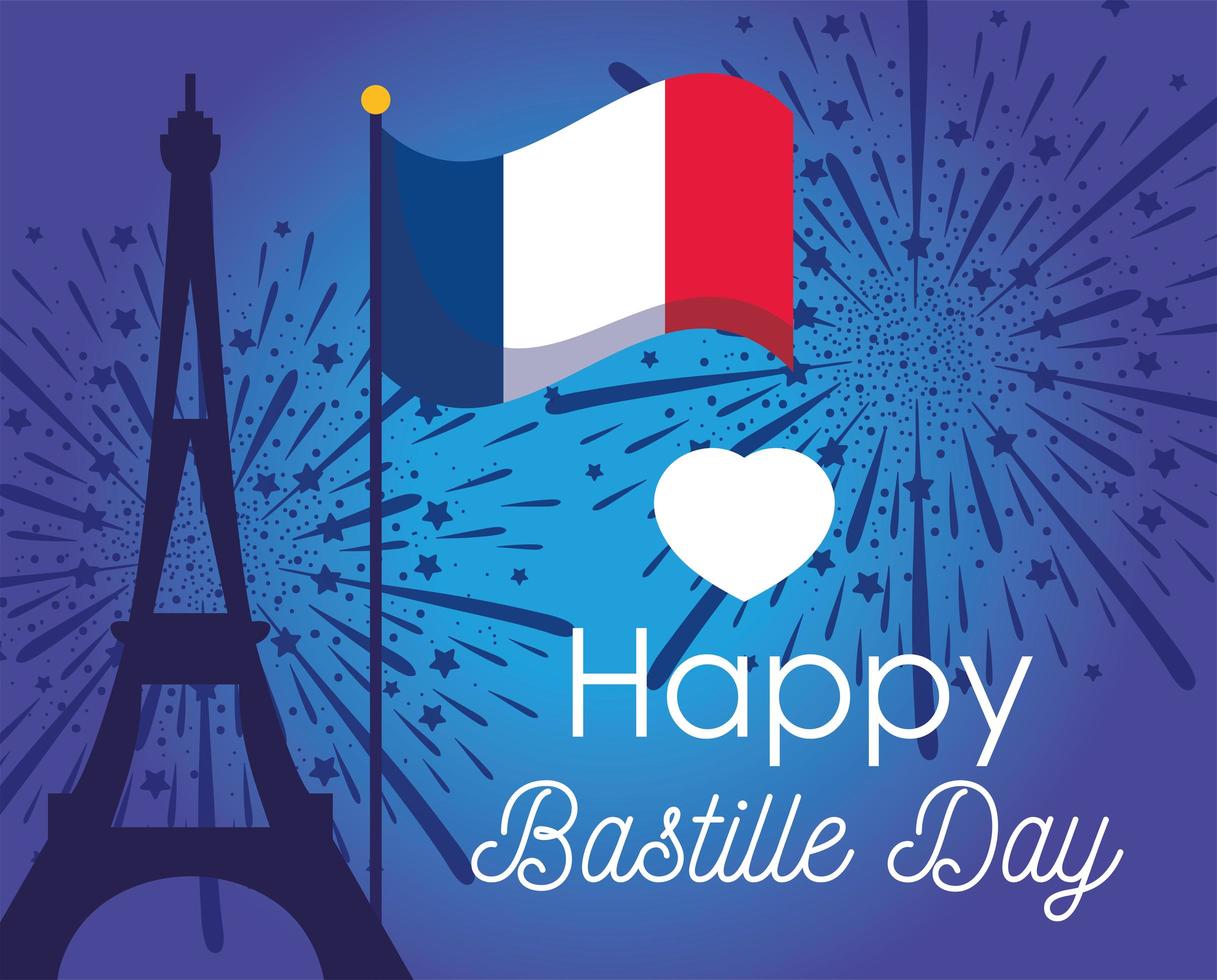 torre eiffel y bandera del feliz día de la bastilla vector