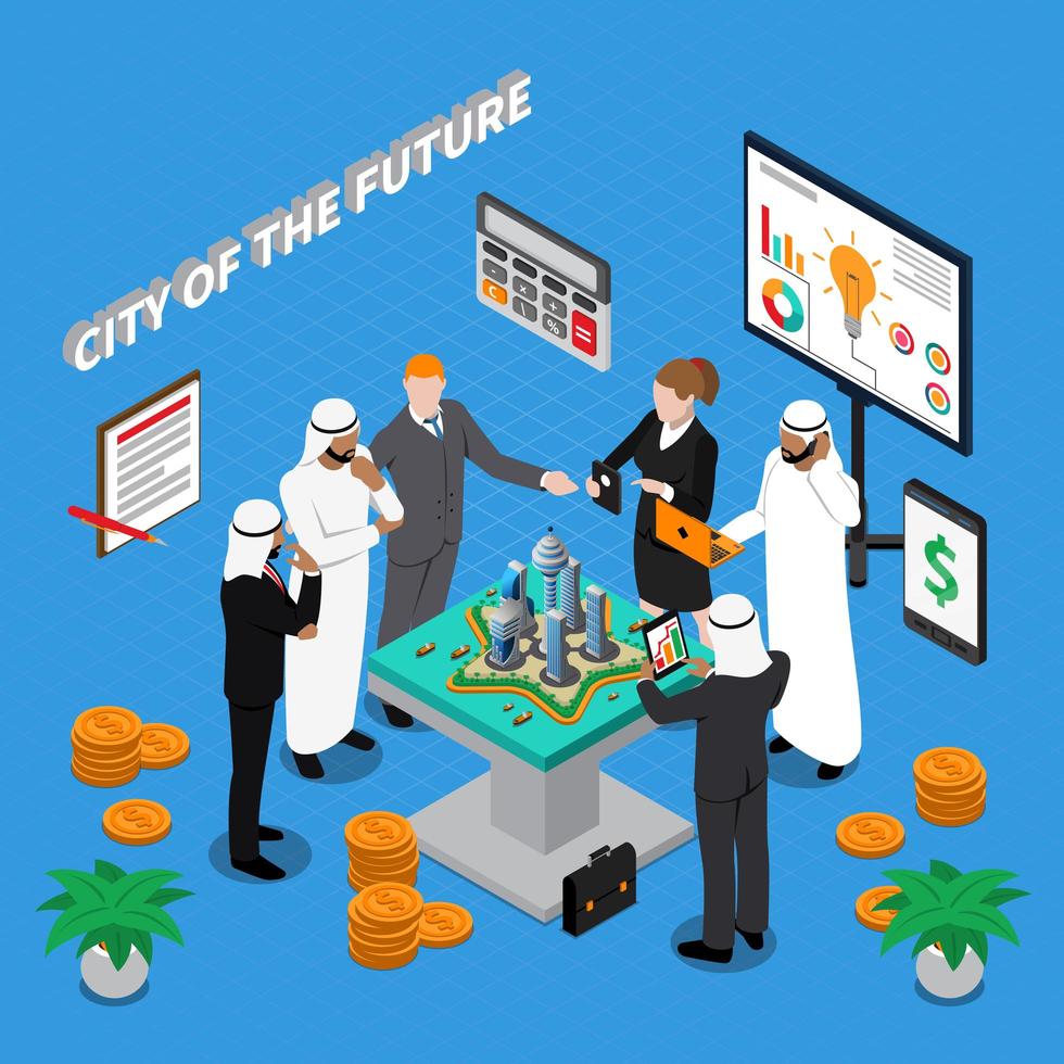 Isometric investors and city planners working  vector