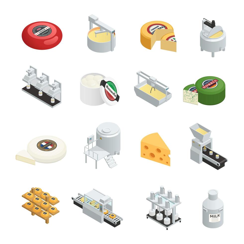 iconos isométricos de la fábrica de producción de queso vector