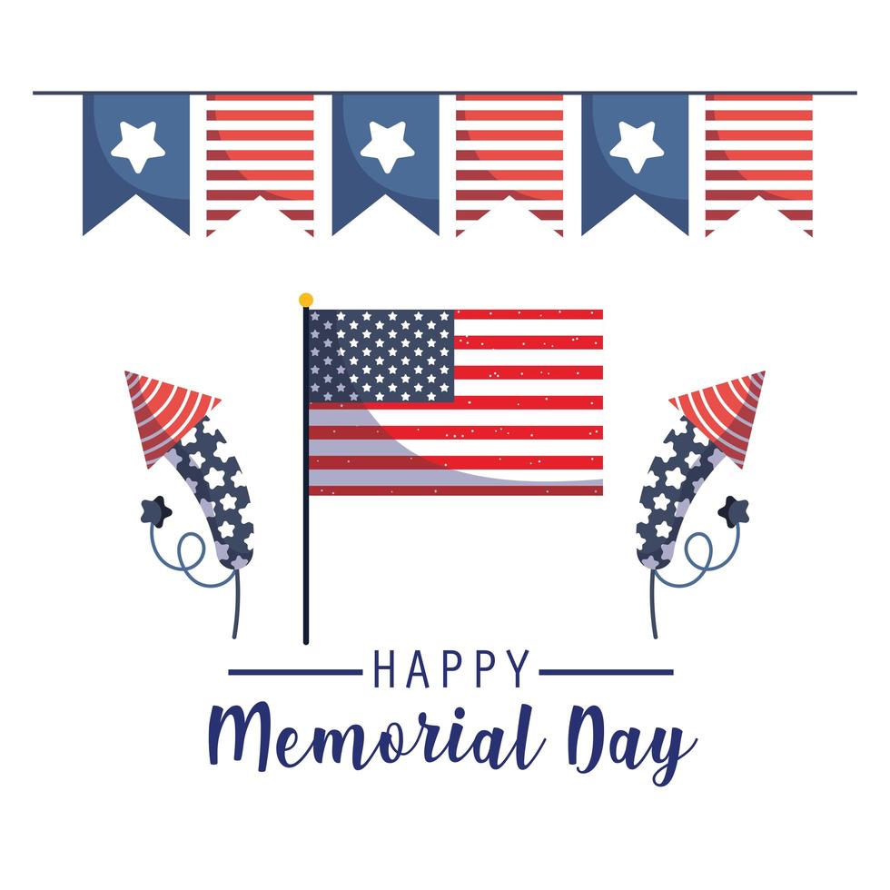 Flag, fireworks, and banner pennant of Memorial Day vector