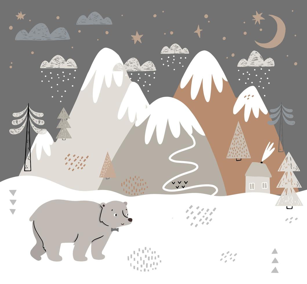 Hand drawn Scandinavian style winter scene with bear vector