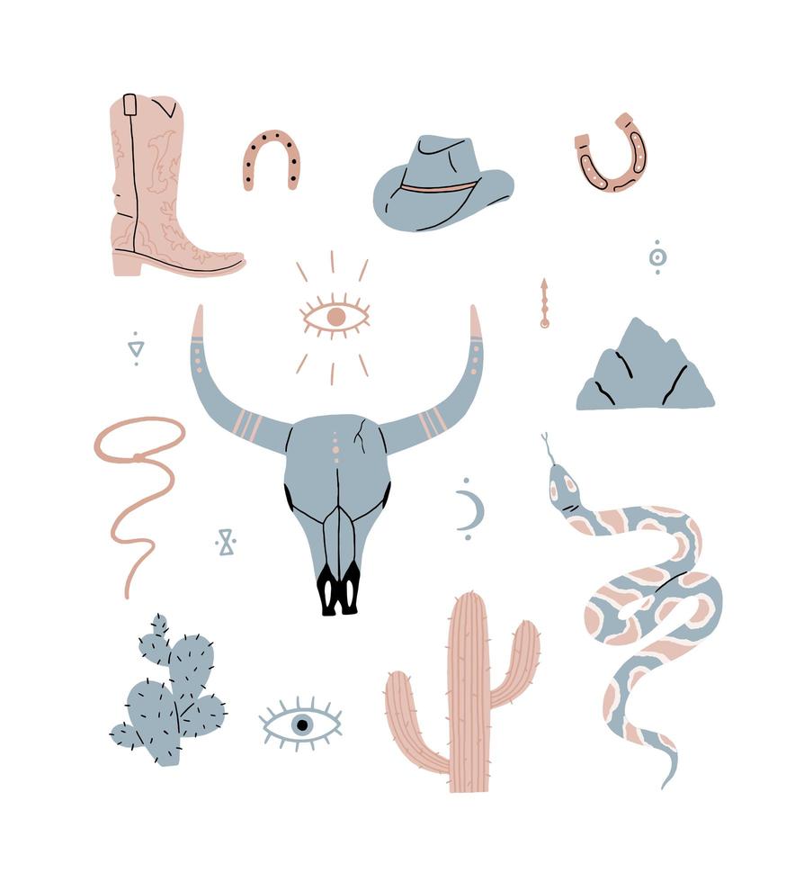 Wild west hand drawn elements set vector