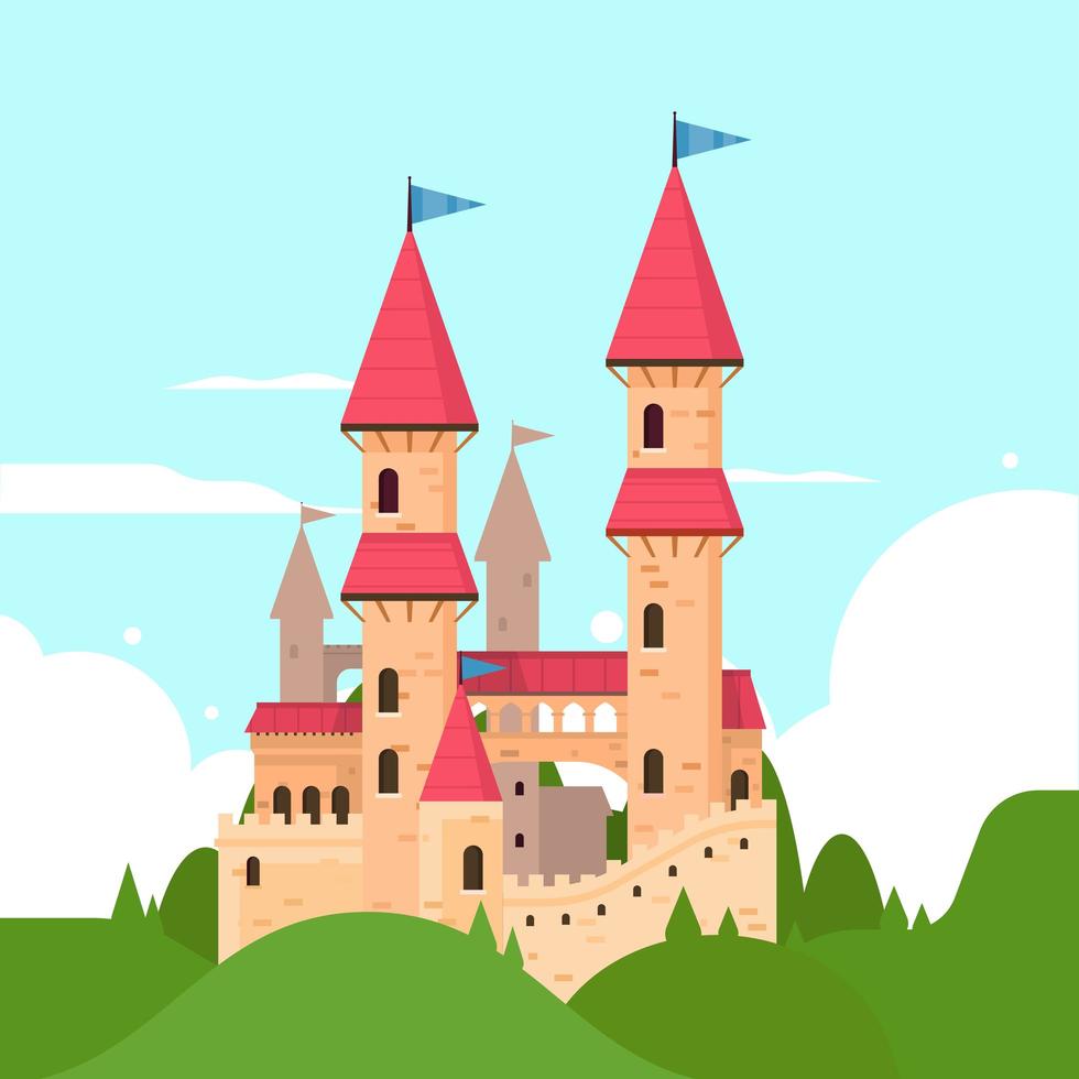 diseño de estilo plano de castillo de cuento de hadas vector