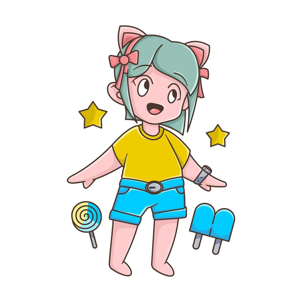 personaje de dibujos animados infantil con helado y estrellas vector