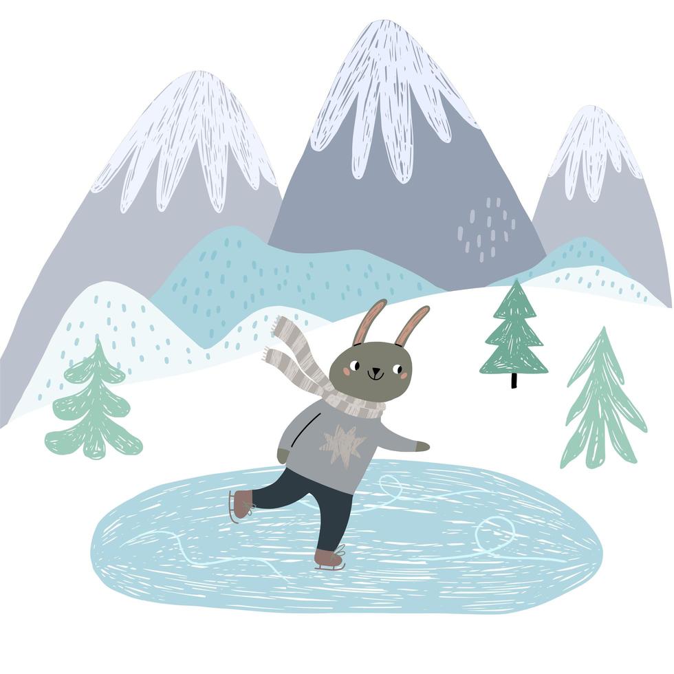 Cute bunny ice skating mountain winter scene vector