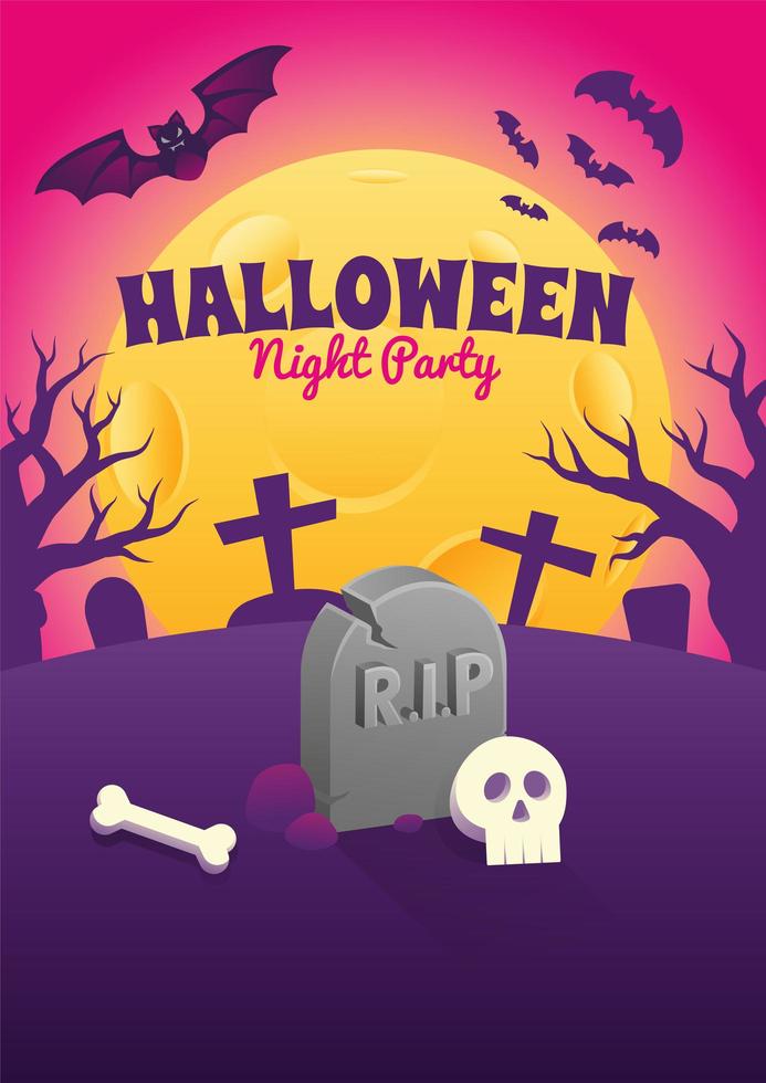 Halloween Poster with Gravestone and Skull at Night vector