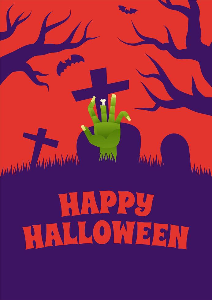 Halloween Poster with Zombie Hand in Cemetary vector