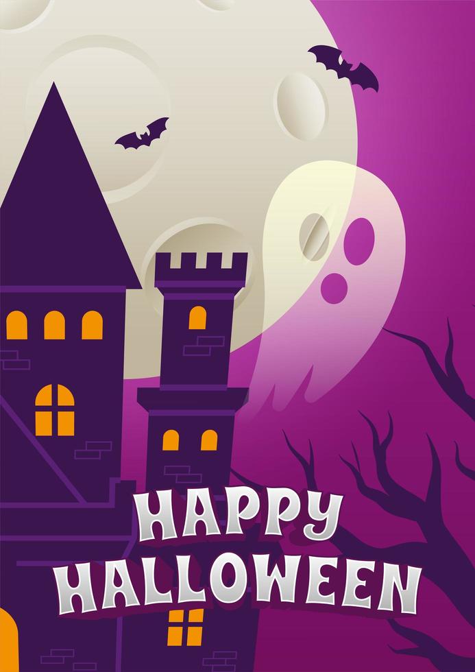 cartel de fiesta de noche de halloween con castillo y fantasma vector