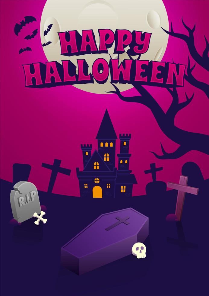 Halloween Poster with Creepy Castle at Night vector