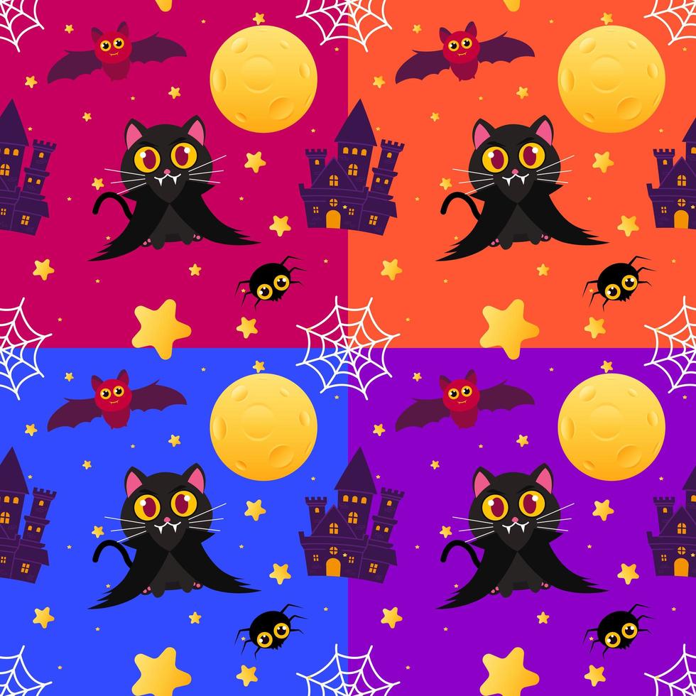 colorido, halloween, seamless, patrón, con, vampiro, gato vector