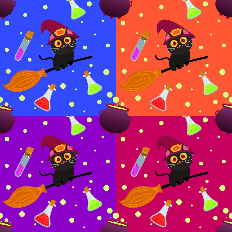 Halloween seamless pattern with cat on broom stick vector