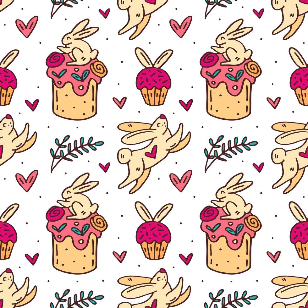 Cute Easter bunny and cakes hand drawn seamless pattern vector