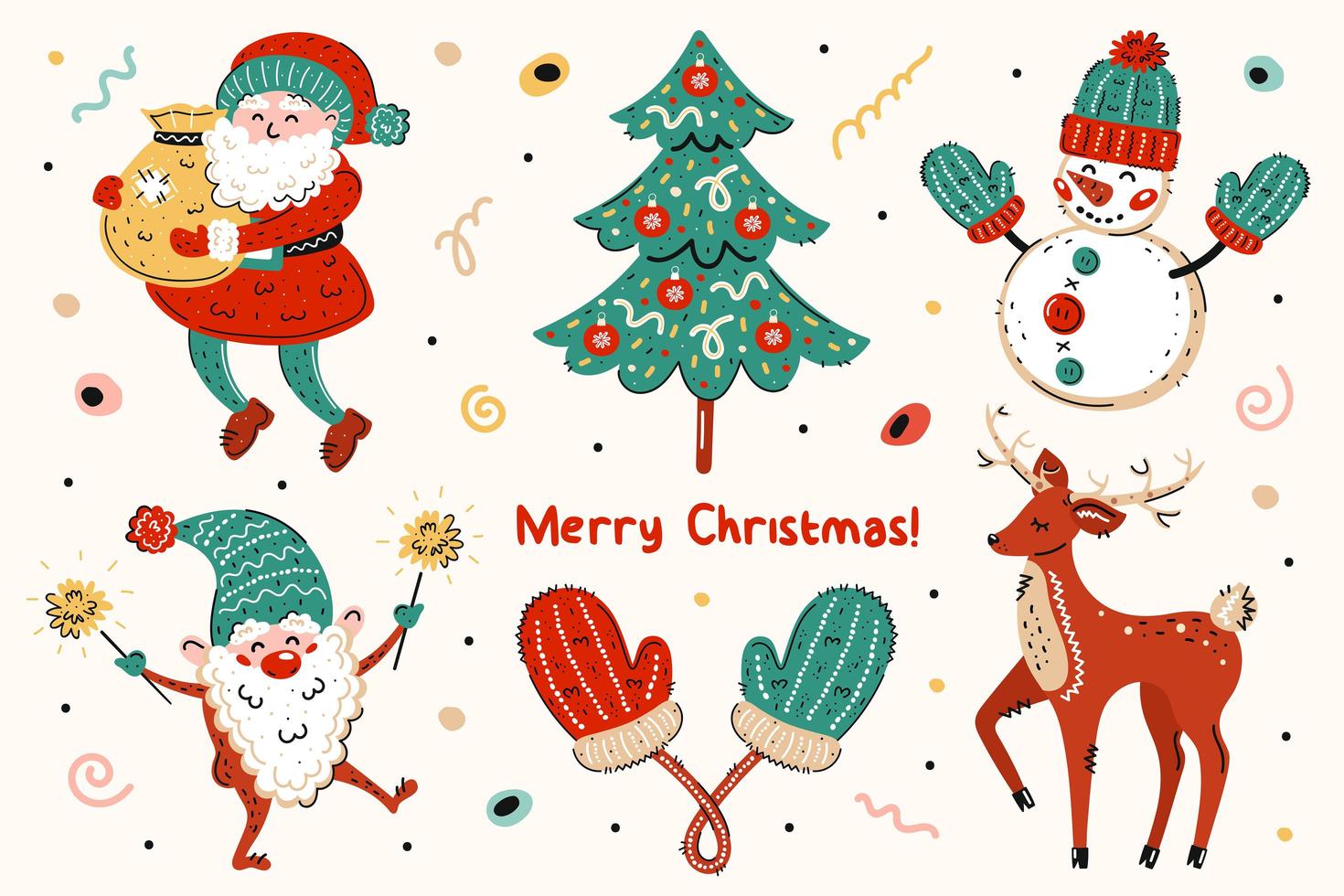 Santa Claus, christmas tree, snowman, elf, mittens, deer set vector