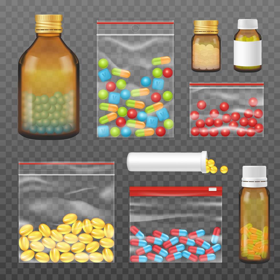 Realistic transparent package of medicine set vector