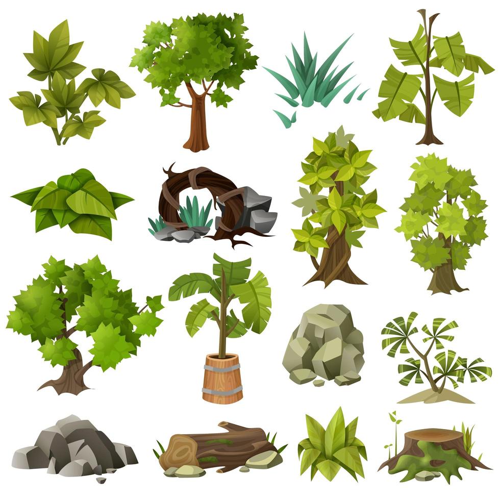 conjunto de árboles y elementos de la naturaleza. vector