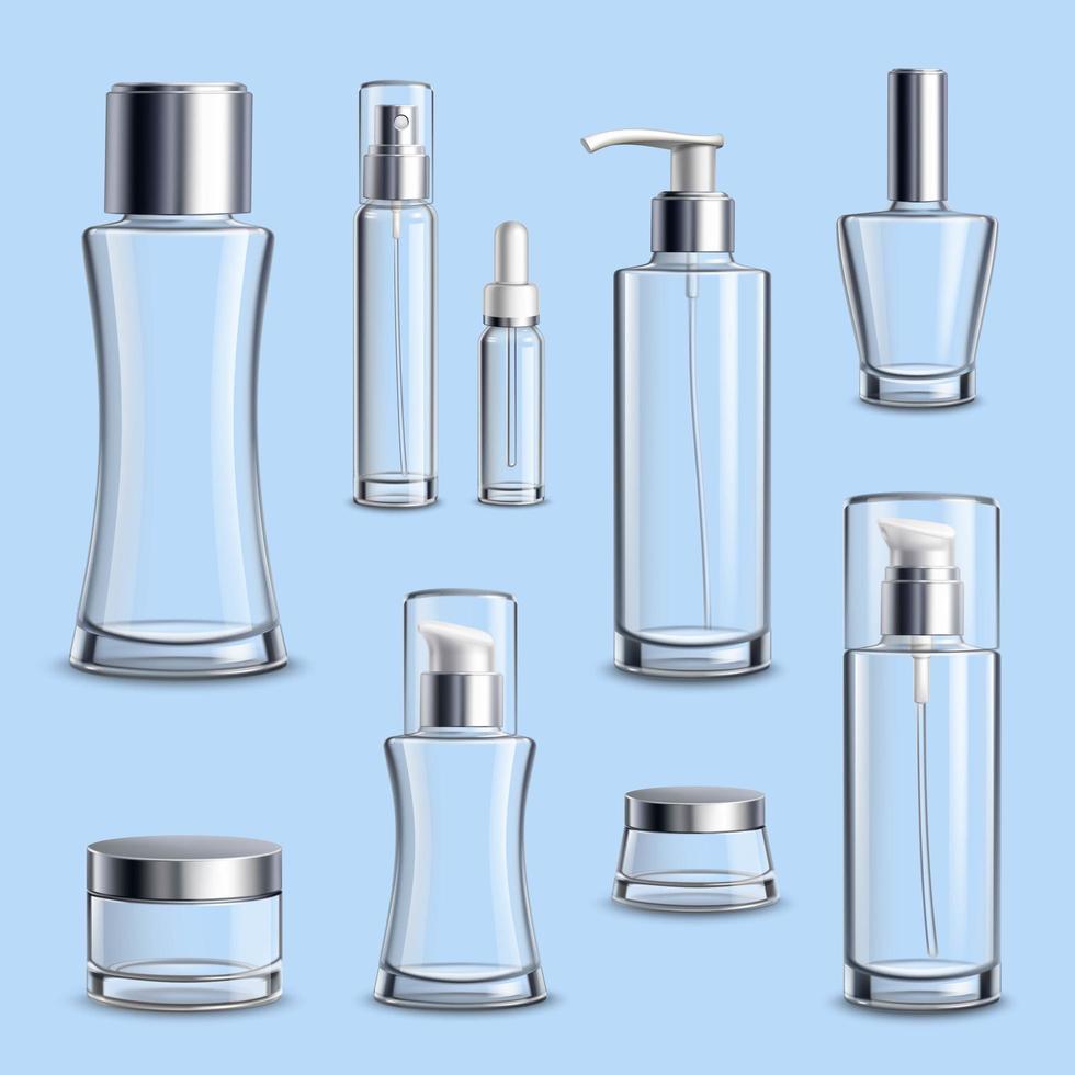 Set of realistic cosmetics glass packages and containers  vector