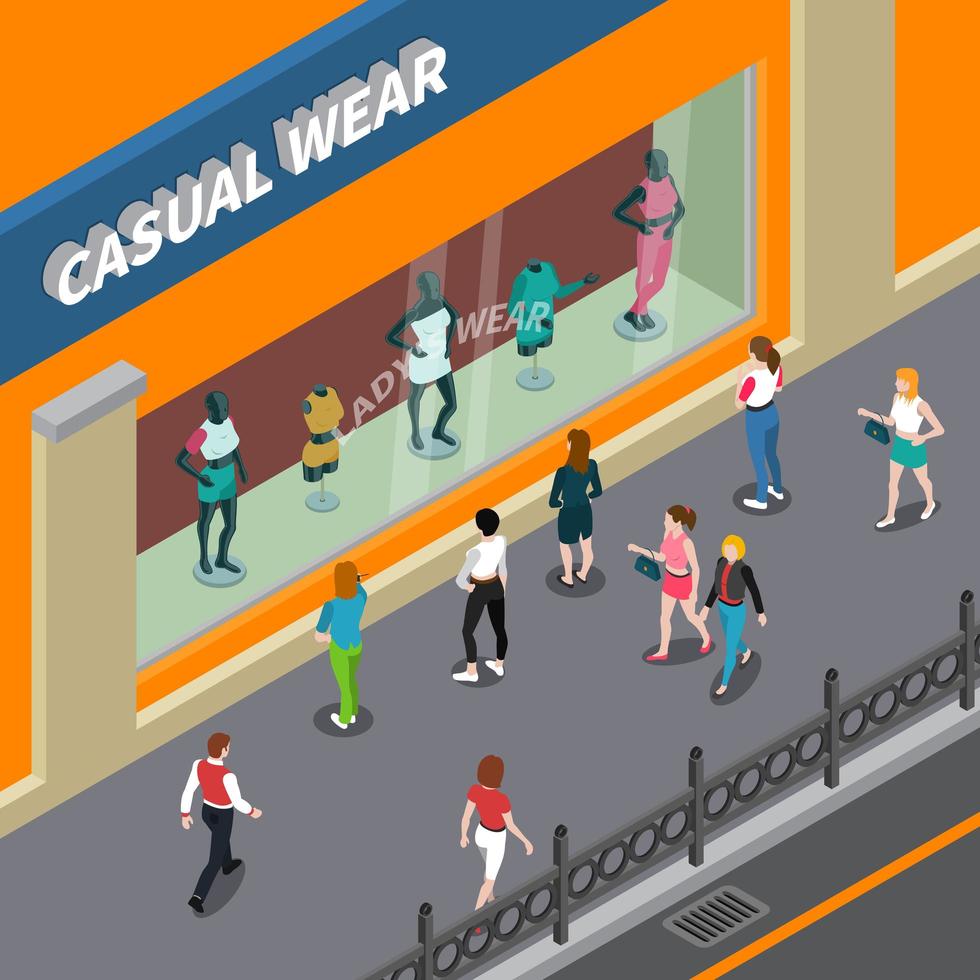 Isometric storefront with mannequins vector