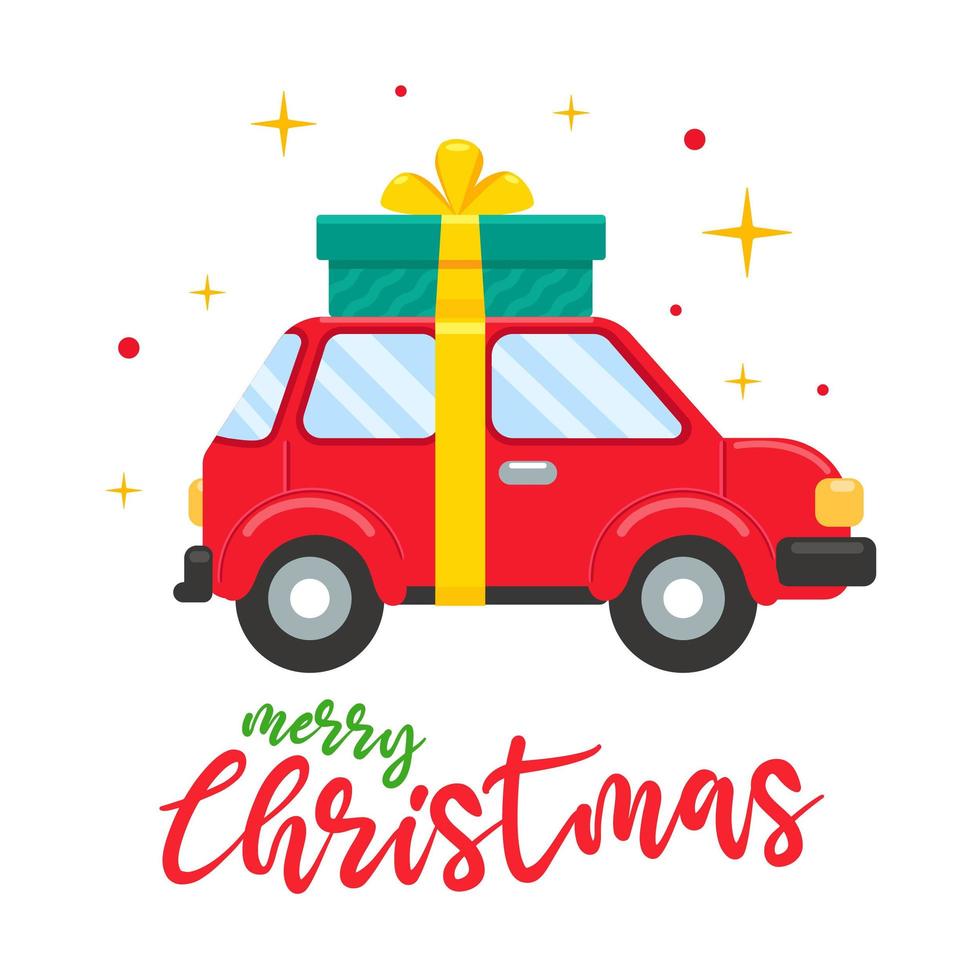 coche rojo el día de navidad con caja de regalo grande vector