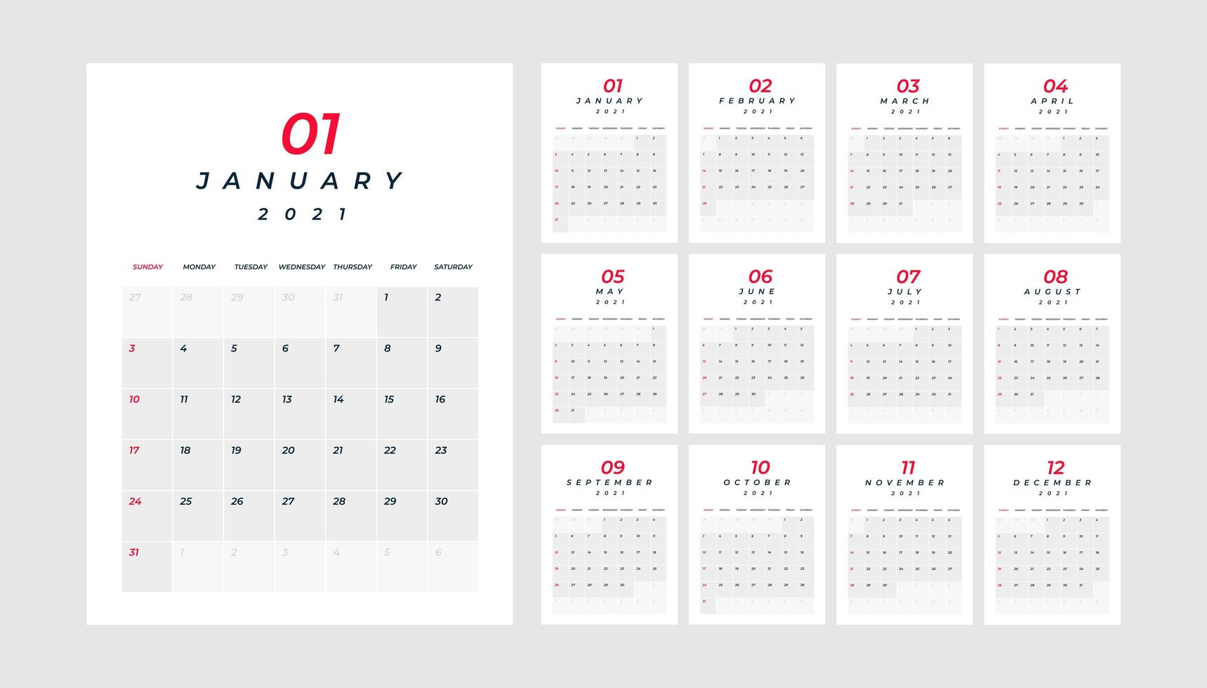 Calendar 2021, 12 month in clean minimal table vector