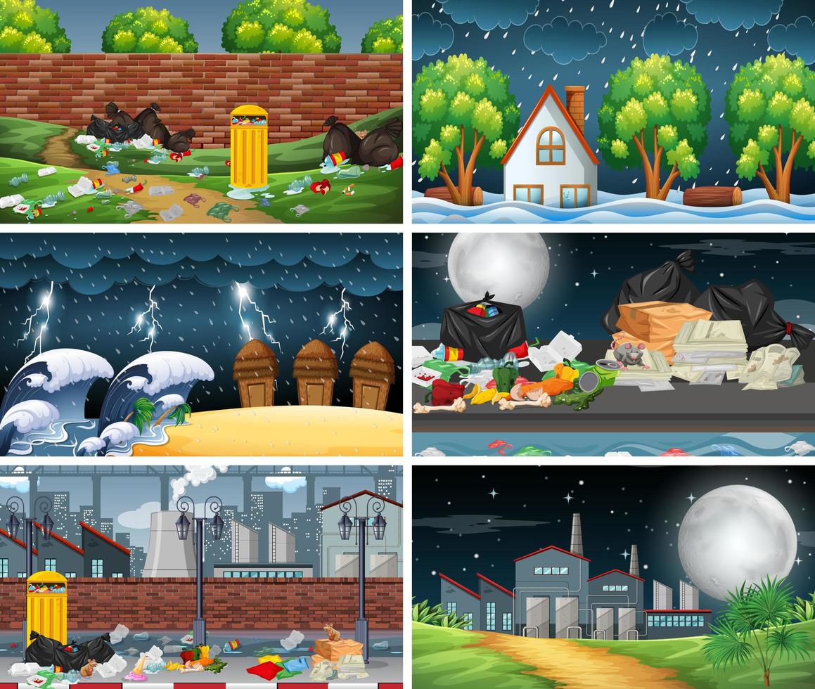 Set of polluted and factory scenes at night  vector