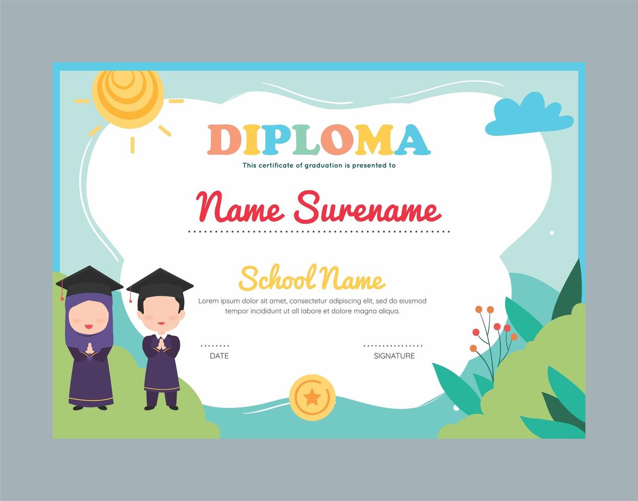 Muslim garden diploma certificate template for kids  vector