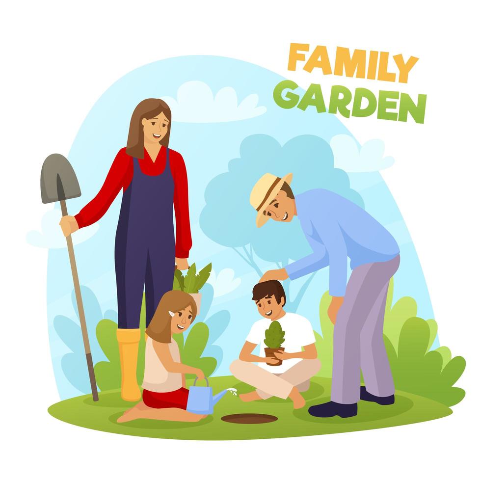Family gardening together vector
