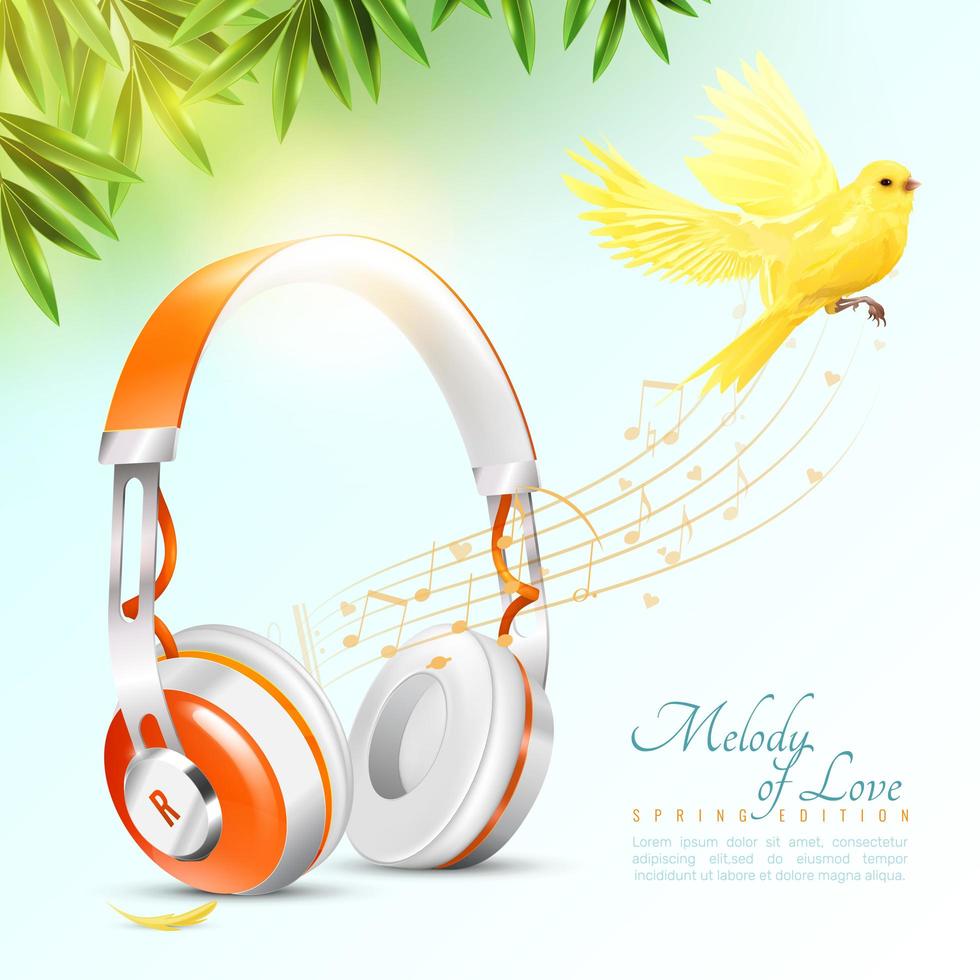 Poster template with realistic headphones and bird vector