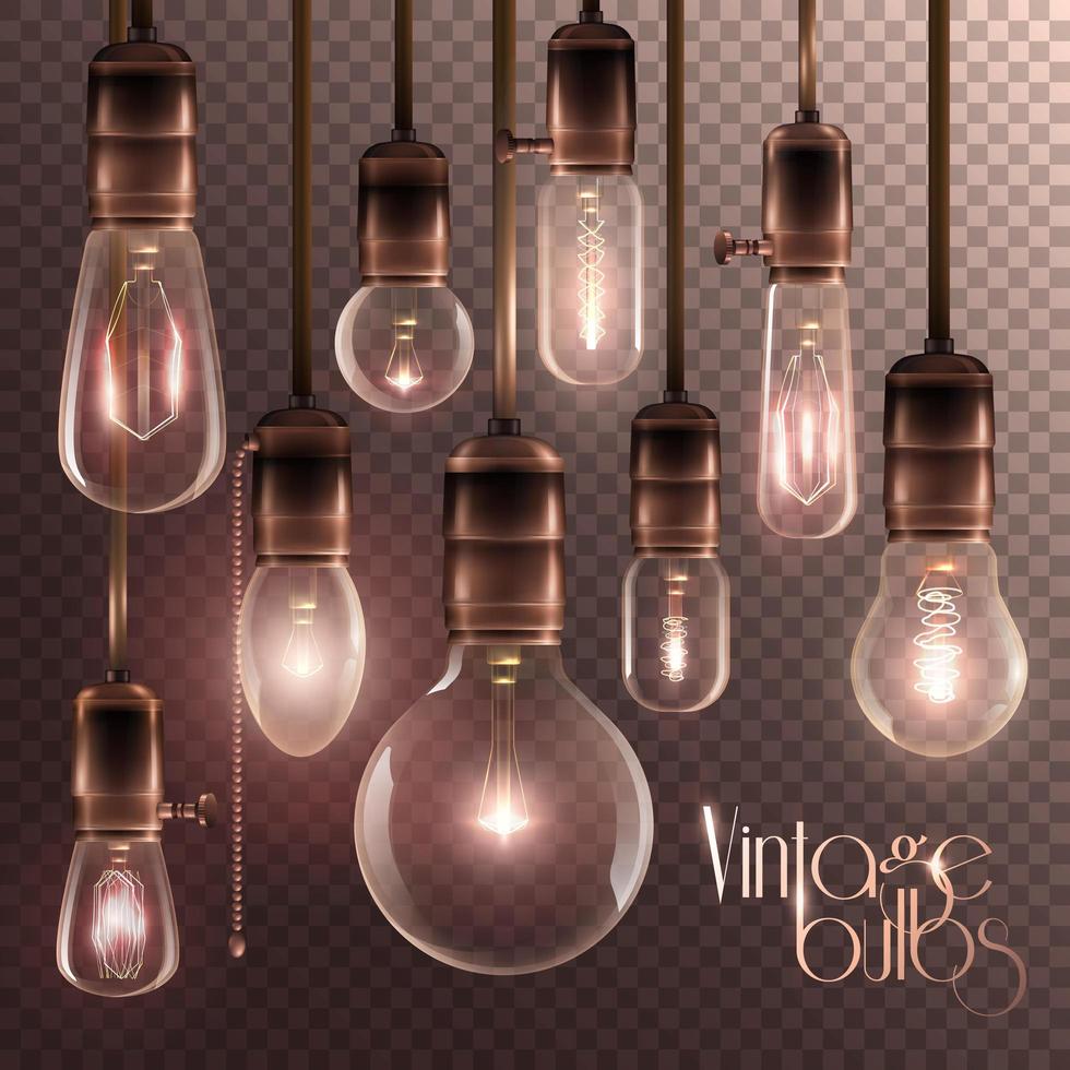 Set of realistic, vintage, and transparent light bulbs  vector