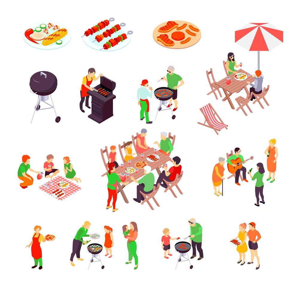 Isometric family picnic and barbecue set vector
