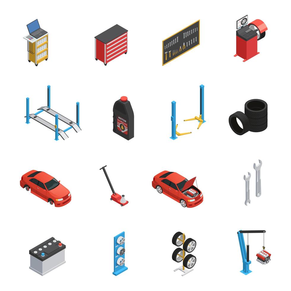 conjunto de iconos de servicio de reparación de automóviles isométrica vector