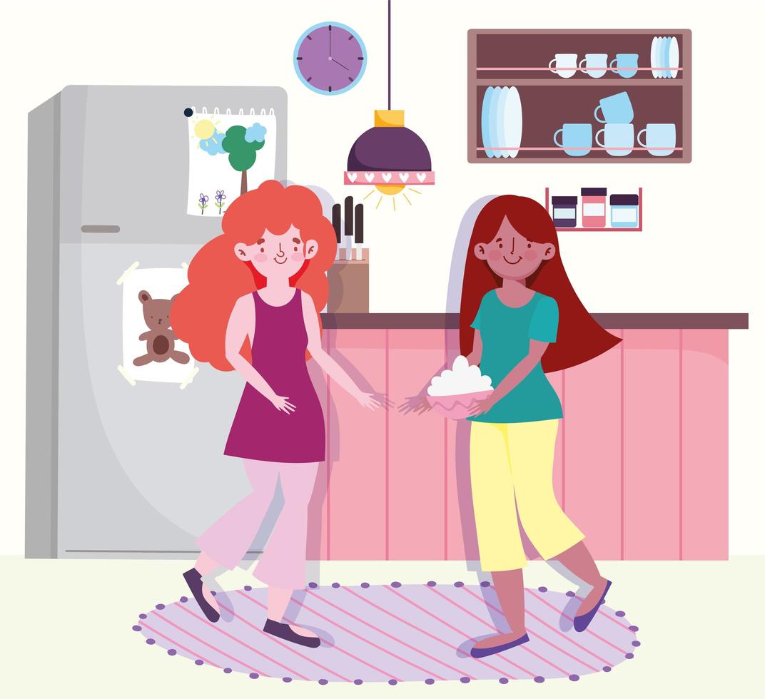 Girls making food with bowl in the kitchen vector