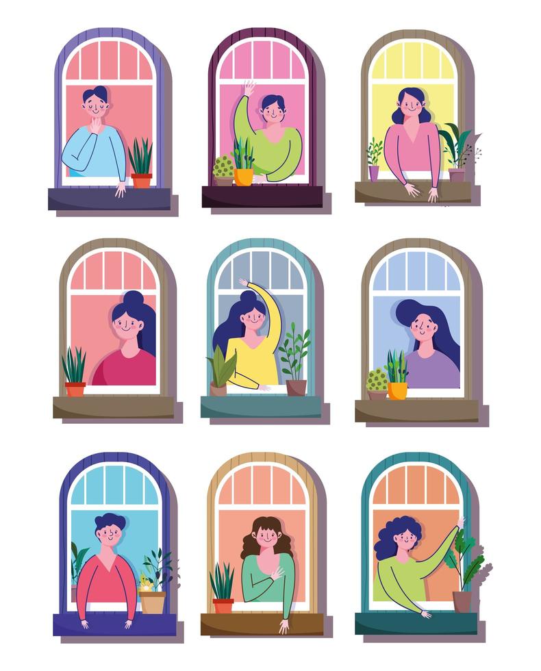 hombres y mujeres en dibujos animados de ventanas de edificios residenciales vector