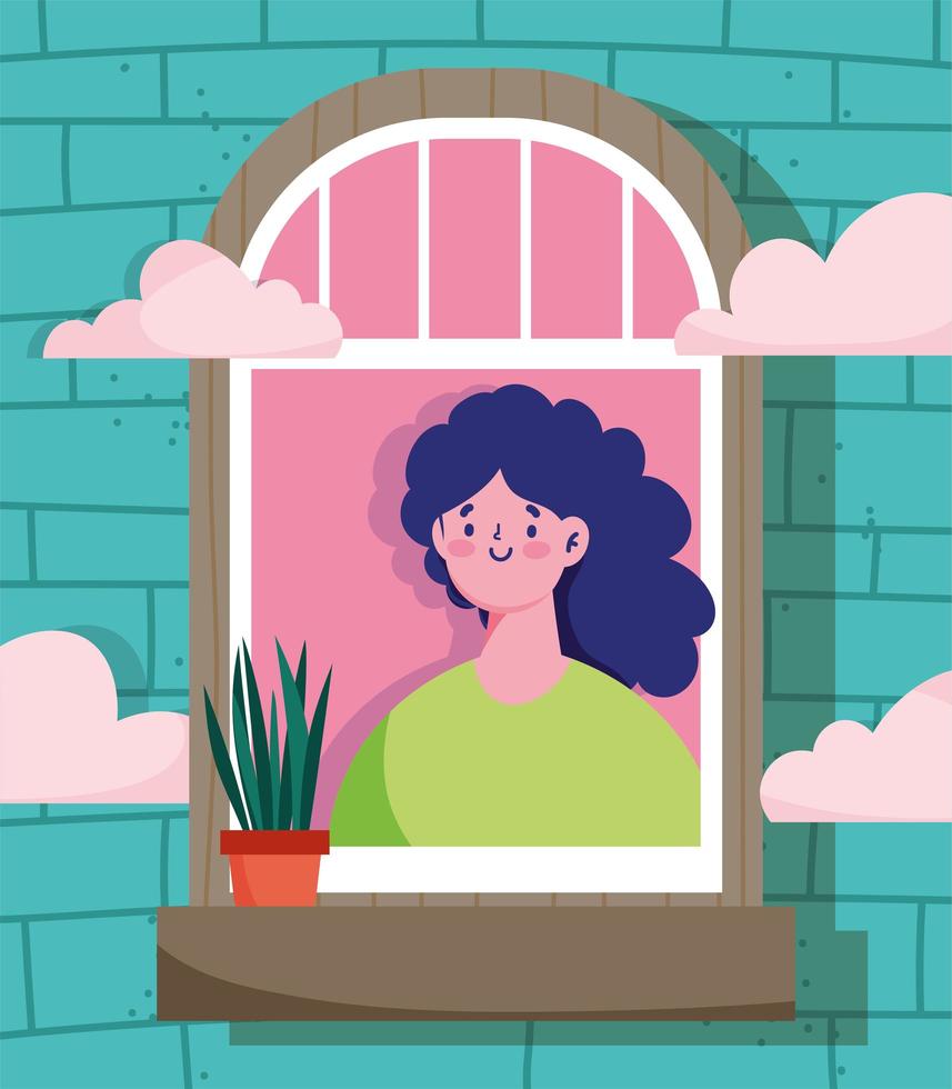 mujer mirando por la ventana con planta en maceta vector