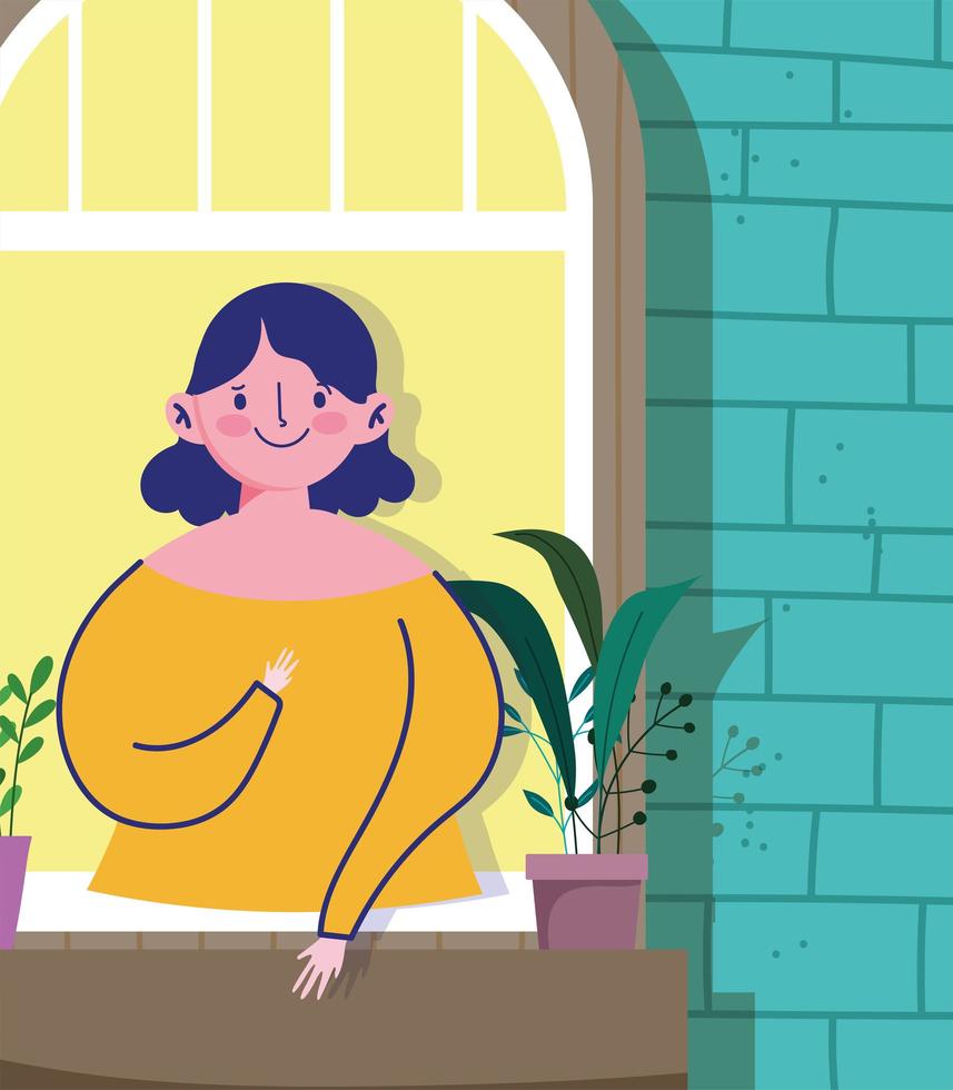 Woman looking at the window with potted plant  vector