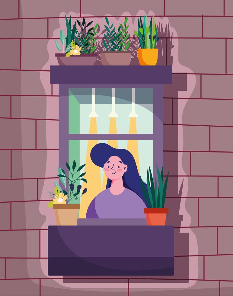 mujer mirando por la ventana con planta en maceta vector