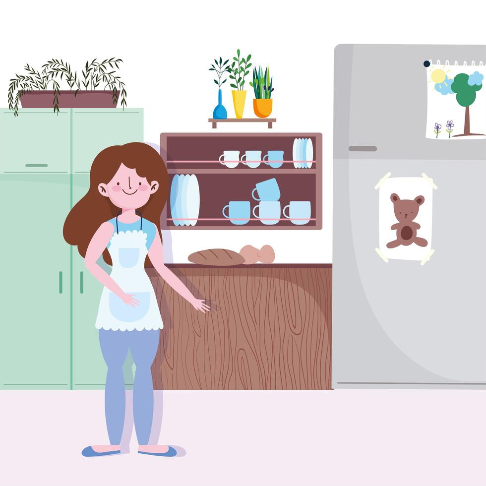 Girl with baked bread food in the kitchen vector