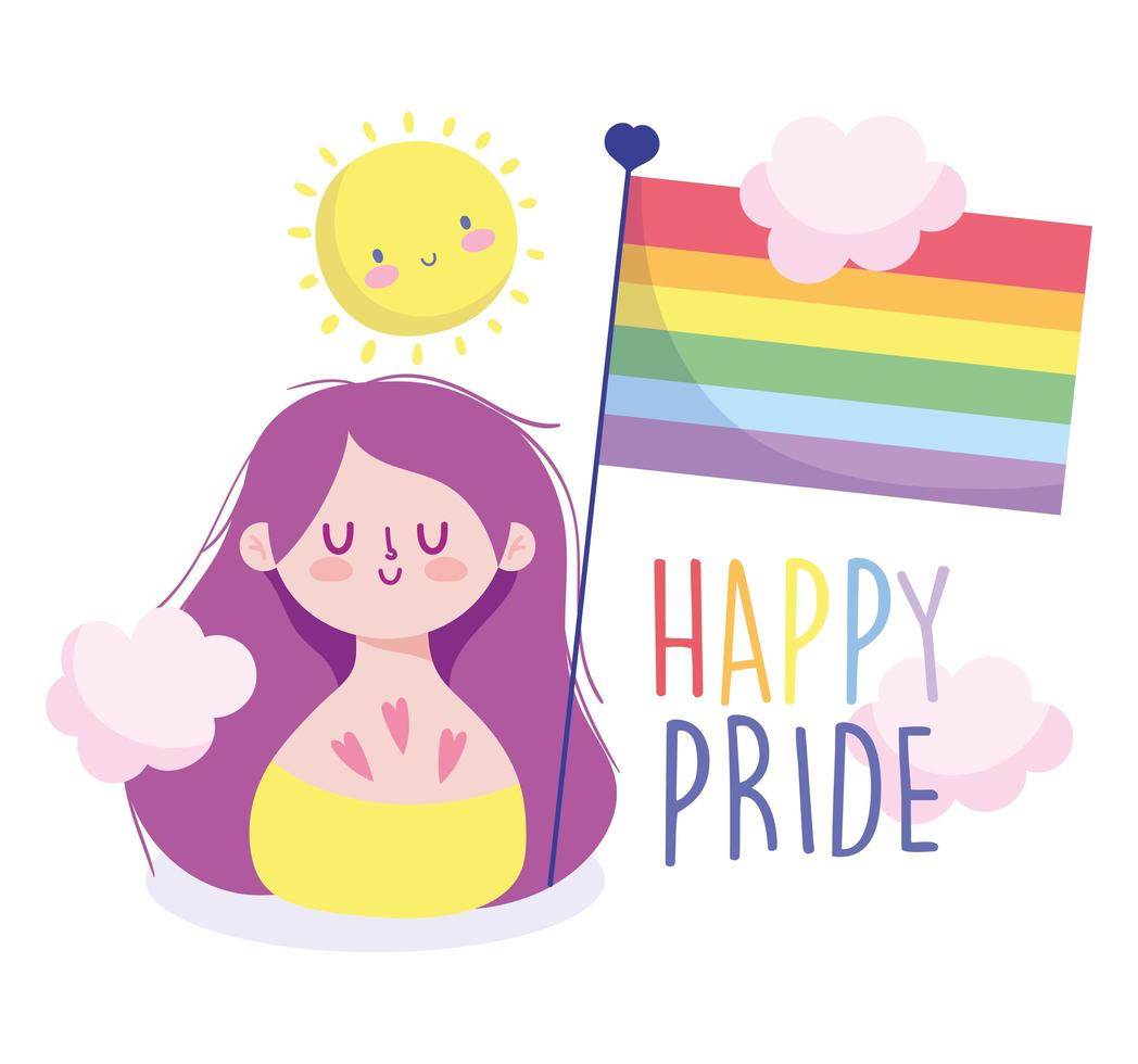 caricatura de niña con bandera lgbti y sol vector