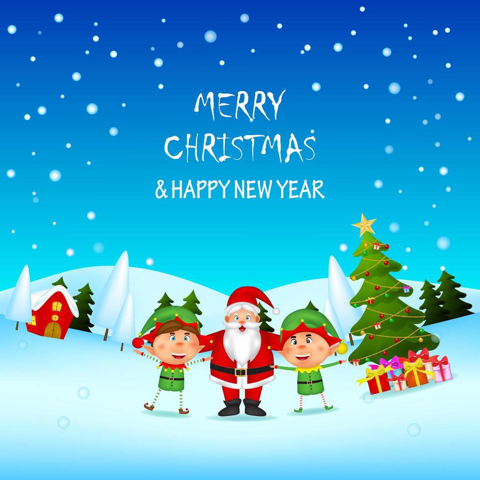 Christmas and New Year Scene with Santa and Elves vector