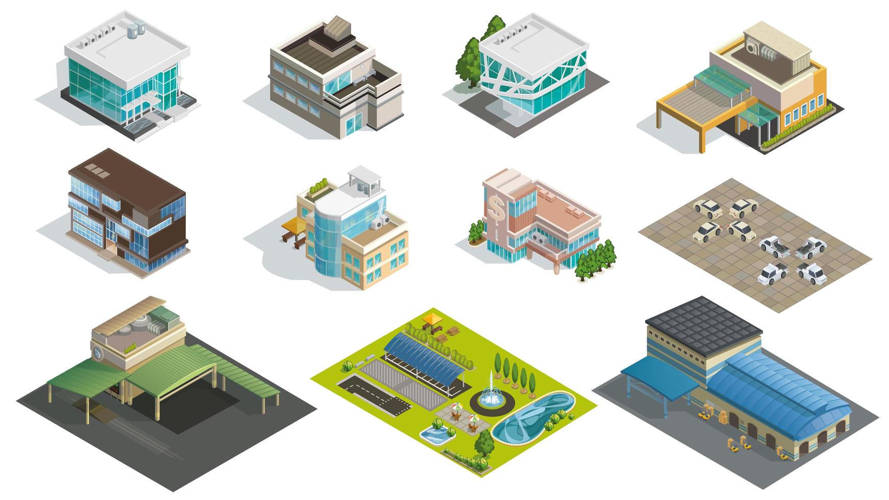 isometric buildings, factory and garden vector