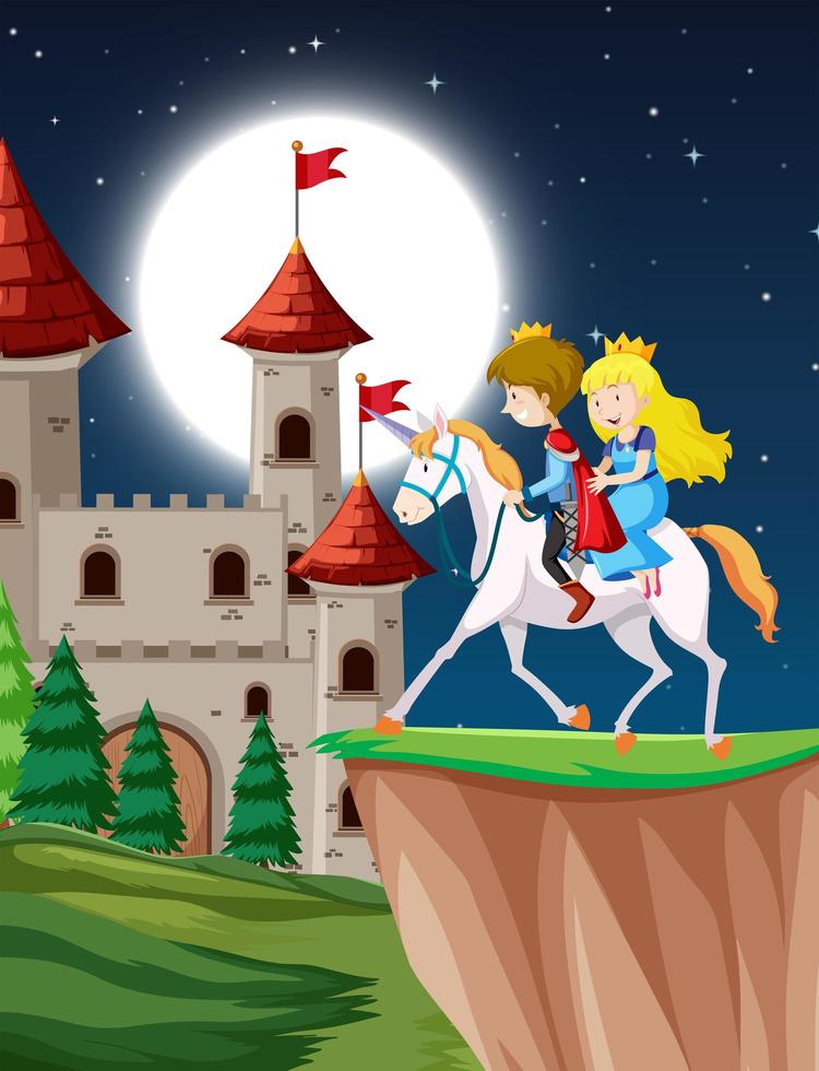 príncipe y princesa montando unicornio de fantasía en la noche vector