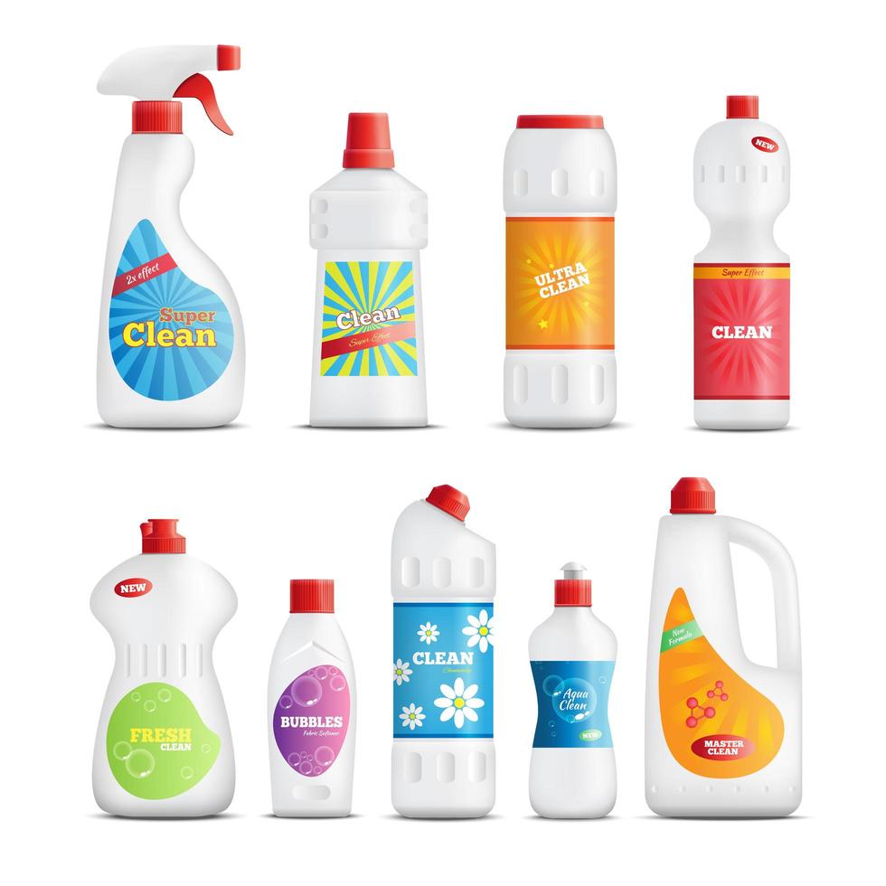 Cleaning product realistic bottle set vector