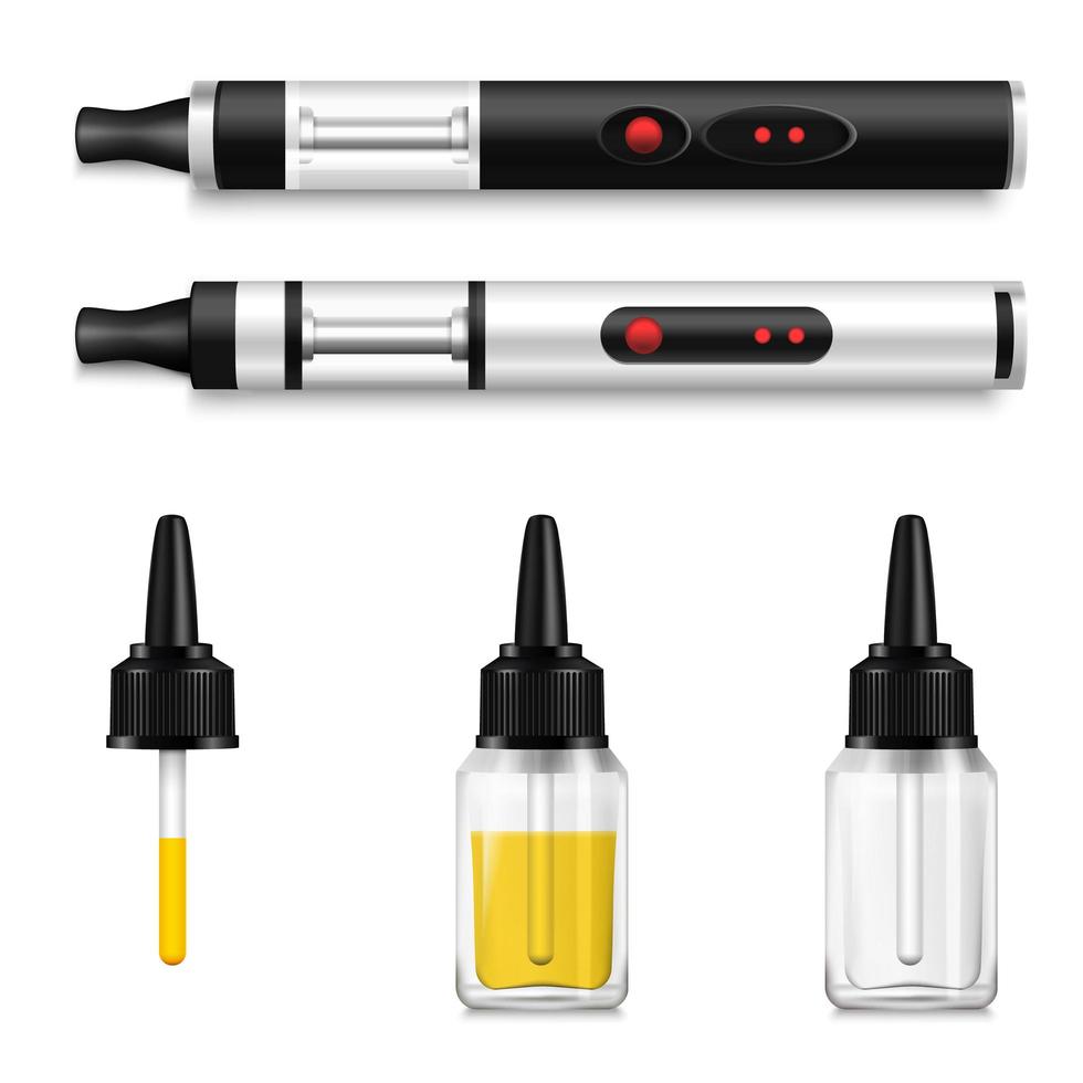 Productos de vapeo realistas y juego de cigarrillos electrónicos. vector