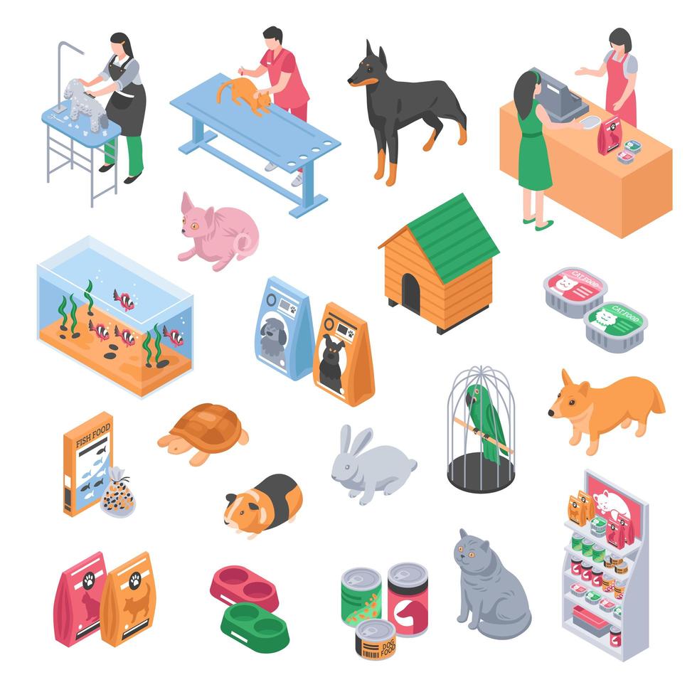tienda de mascotas, veterinaria y aseo de mascotas conjunto isométrico. vector