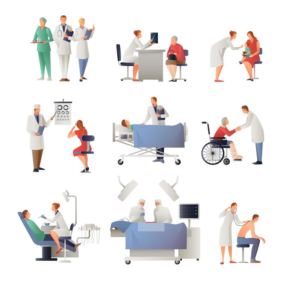 Set of doctors and nurses with patients  vector